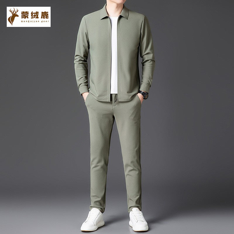 Khaki men's Zipper Cardigan Jacket and Trousers Casual Suit