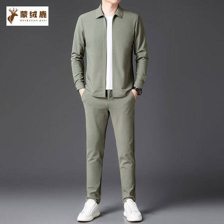Khaki men's Zipper Cardigan Jacket and Trousers Casual Suit