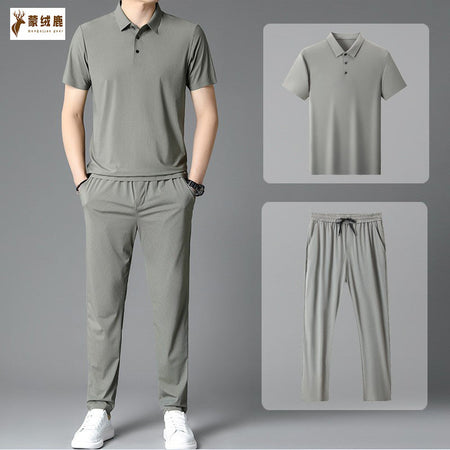 Shangqing Suit Seamless Lapel men's Ice Silk Lapel Casual Suit with Lace-Up Trousers