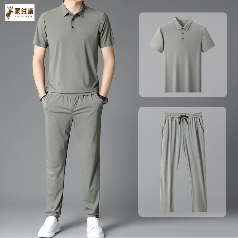 Shangqing Suit Seamless Lapel men's Ice Silk Lapel Casual Suit with Lace-Up Trousers