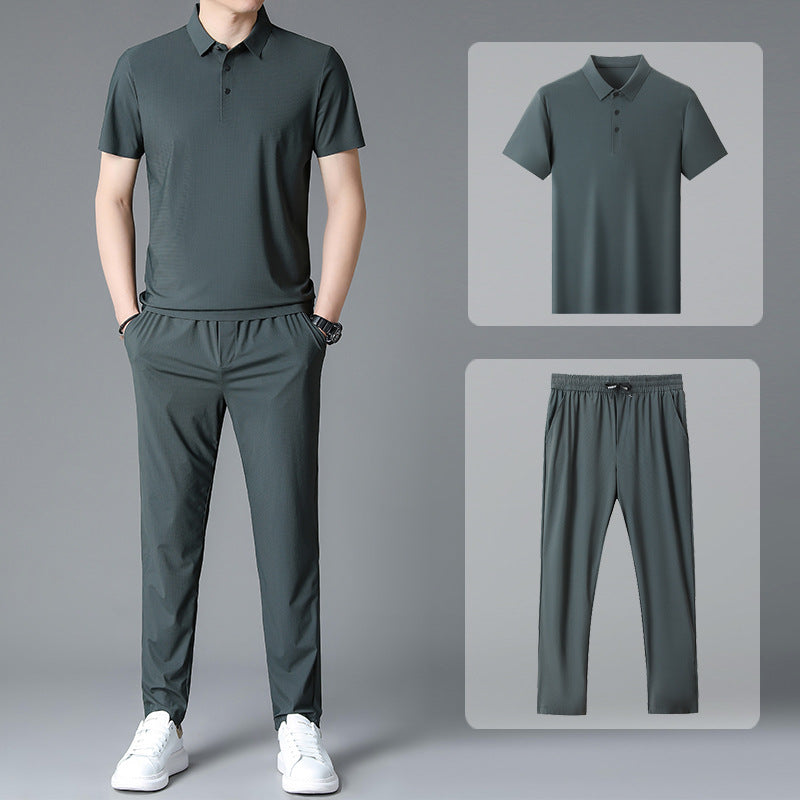 Men's Ice Silk Lapel Casual Suit with Lace-Up Trousers