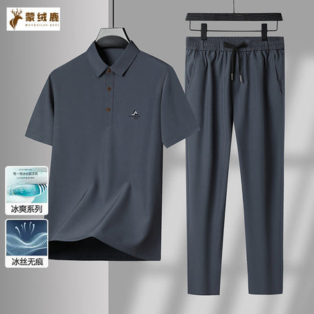 Black men's Ice Silk Short-Sleeved Polo and Trousers Suit