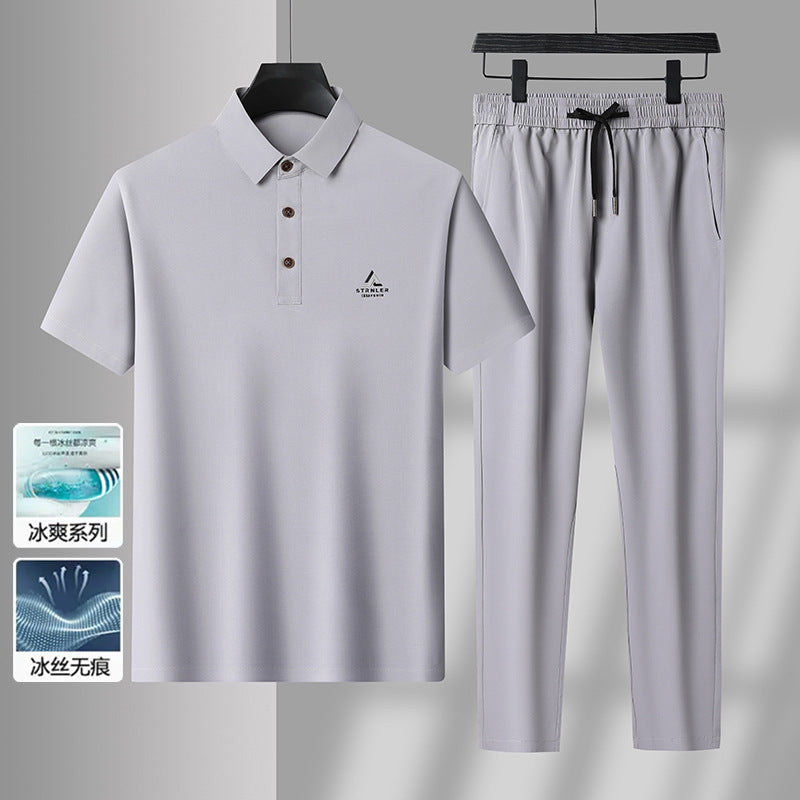 Men's Ice Silk Short-Sleeved Polo and Trousers Suit