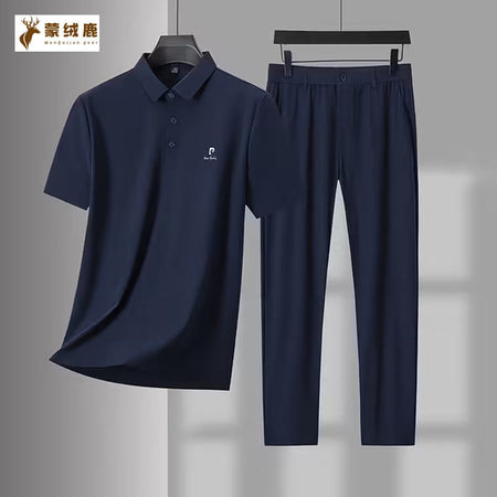 Black men's Summer Ice Silk Short-Sleeved Polo Trousers Suit