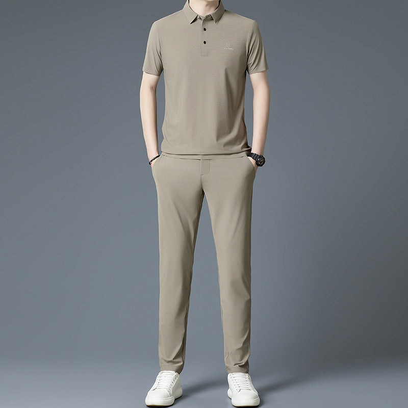 Men's Summer Ice Silk Short-Sleeved Polo Trousers Suit
