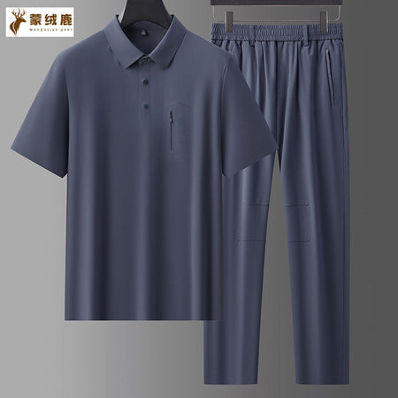 Moss Green men's Seamless Milk Silk Polo Shirt and Trousers Suit
