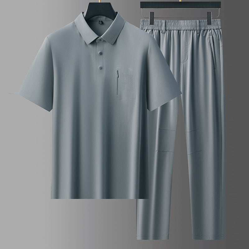 Men's Seamless Milk Silk Polo Shirt and Trousers Suit