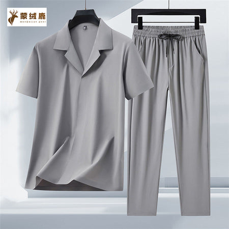 Grey men's Ice Silk Suit Collar Lightweight Trousers Set