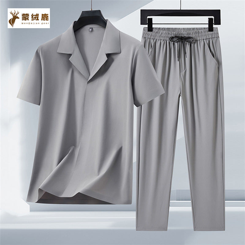 Grey men's Ice Silk Suit Collar Lightweight Trousers Set