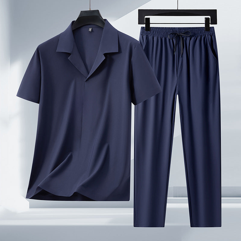 Men's Ice Silk Suit Collar Lightweight Trousers Set