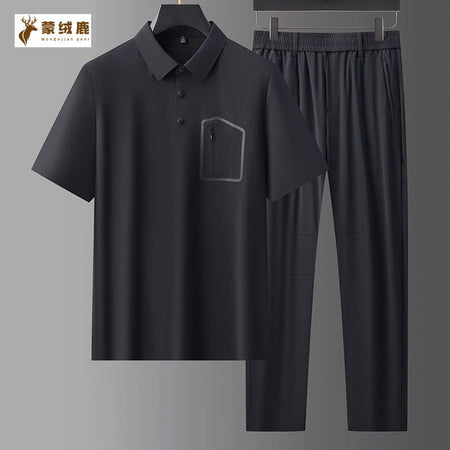 Navy blue men's Ice Silk Seamless Lapel Quick-Dry Sports Suit