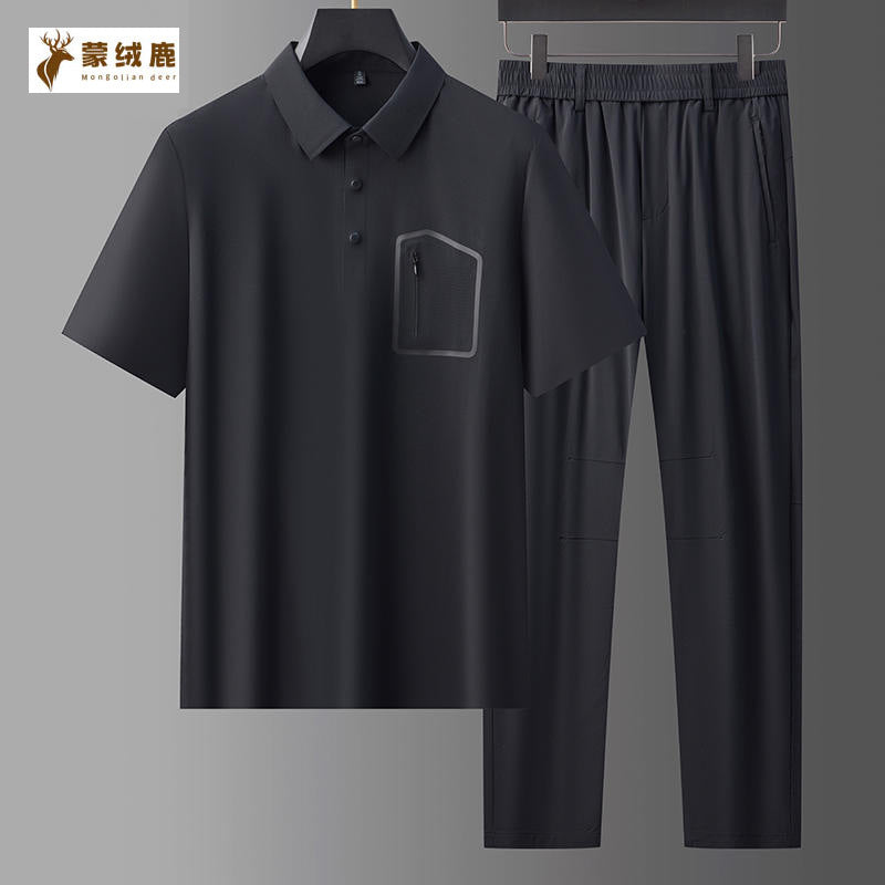 Navy blue men's Ice Silk Seamless Lapel Quick-Dry Sports Suit