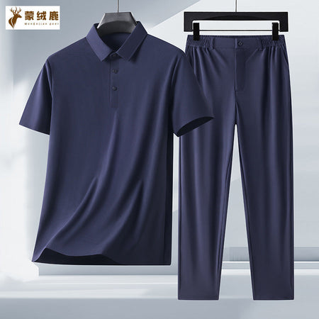 Grey men's Ice Silk Short-Sleeved Polo and Trousers Suit