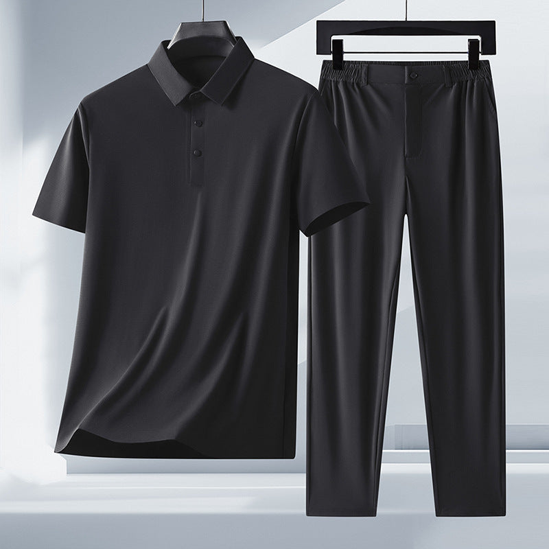 Men's Ice Silk Short-Sleeved Polo and Trousers Suit