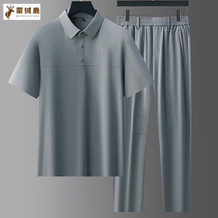 Moss Green men's High-End Ice Silk Short-Sleeved Polo Sports Suit