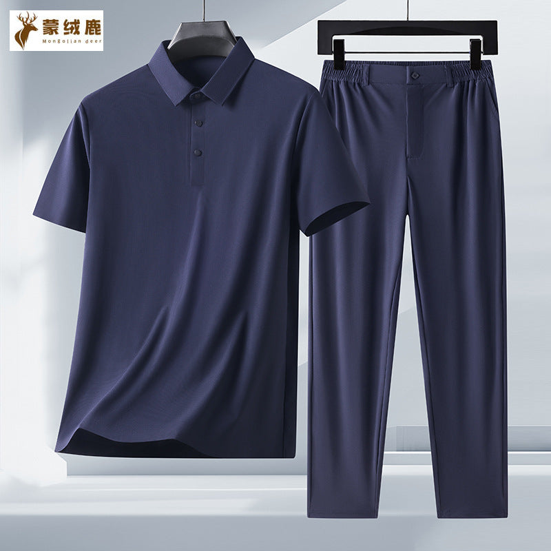 Grey men's Ice Silk Seamless Short-Sleeved Trousers Suit with Belt