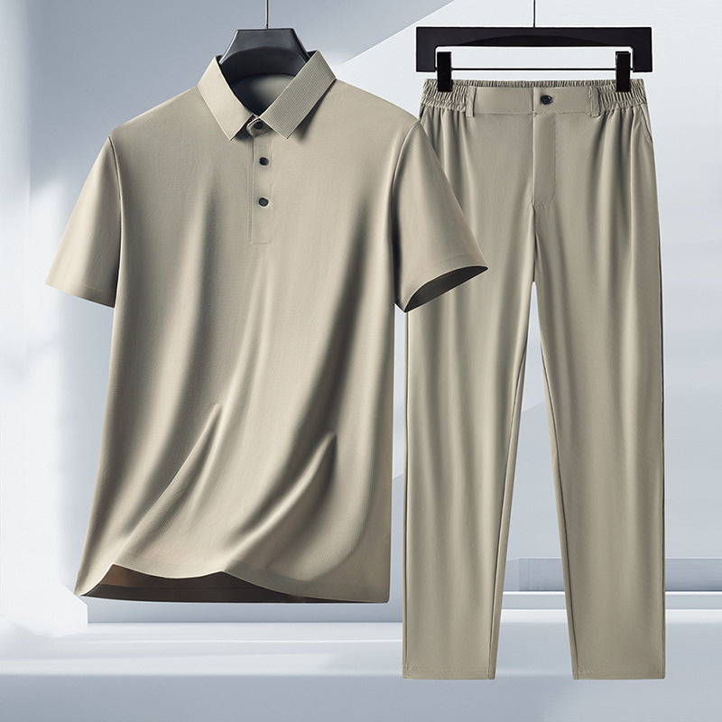 Men's Ice Silk Seamless Short-Sleeved Trousers Suit with Belt