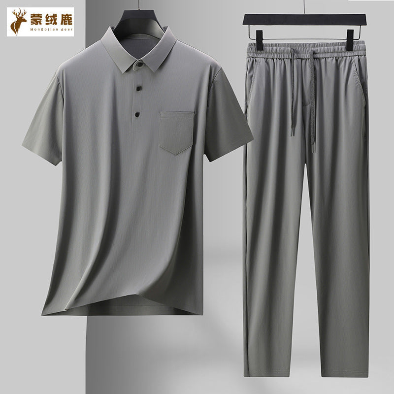 Grey men's Luxury Mulberry Silk Ice Silk T-Shirt and Trousers Suit
