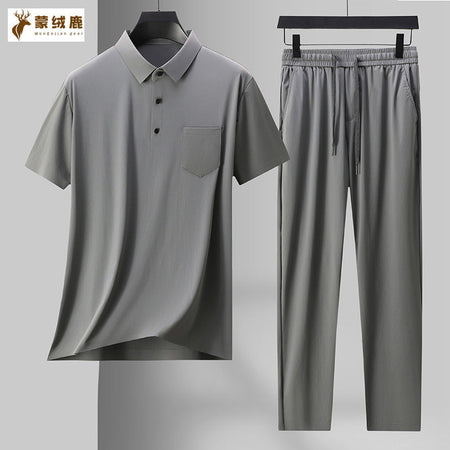 Grey men's Luxury Mulberry Silk Ice Silk T-Shirt and Trousers Suit