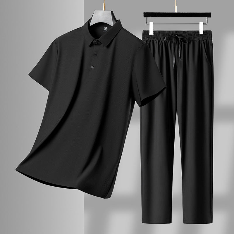 Khaki Suit   Seamless Lapels men's Ice Silk Loose Trousers Suit with Seamless Lapels