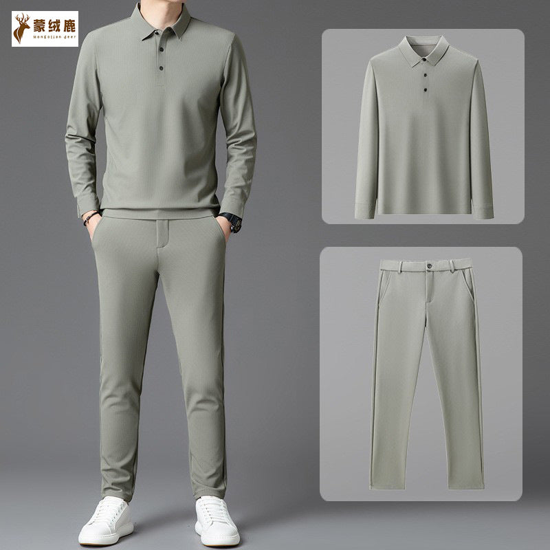 Men's Casual Long-Sleeve Trousers Sports Suit with Belt