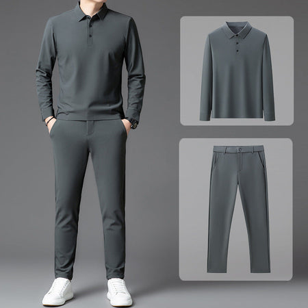 Khaki men's Casual Long-Sleeve Trousers Sports Suit with Belt