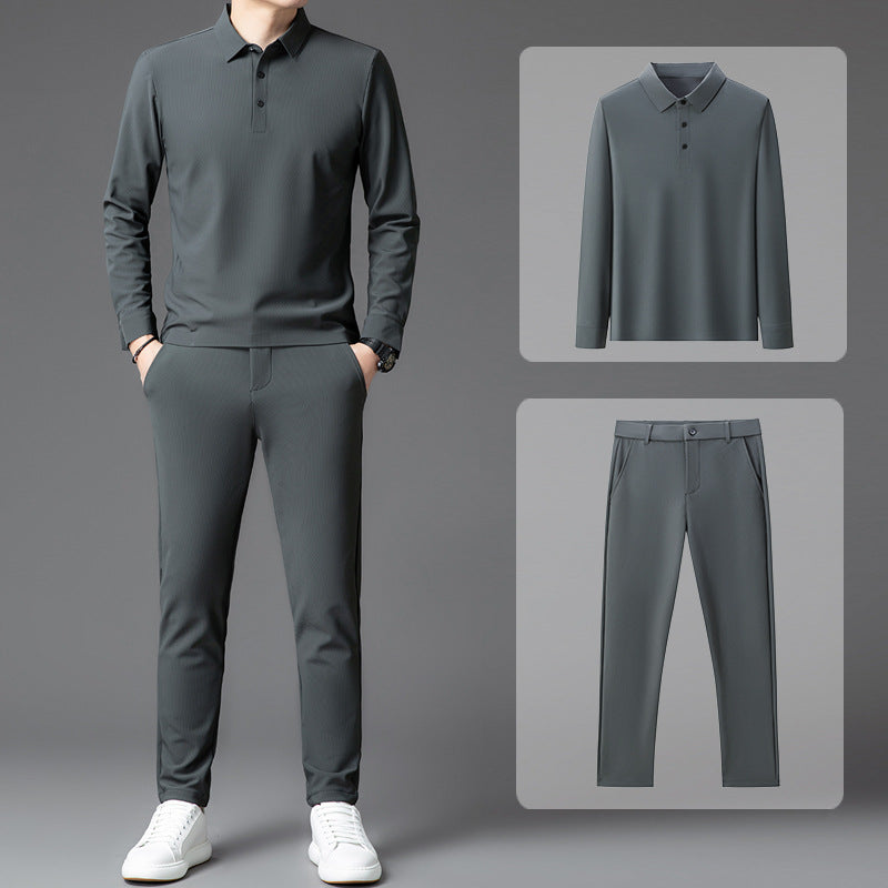 Khaki men's Casual Long-Sleeve Trousers Sports Suit with Belt
