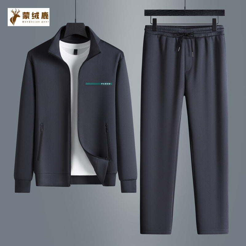 Black men's Cardigan Stand-Collar Casual Sports Trousers Suit