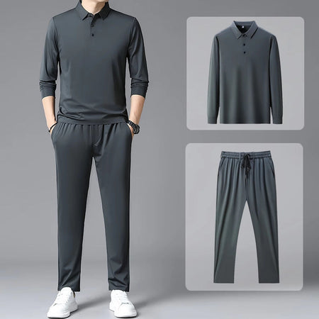 Black men's Trendy Long-Sleeve Sweatshirt and Tie-Up Sweatpants Sports Suit