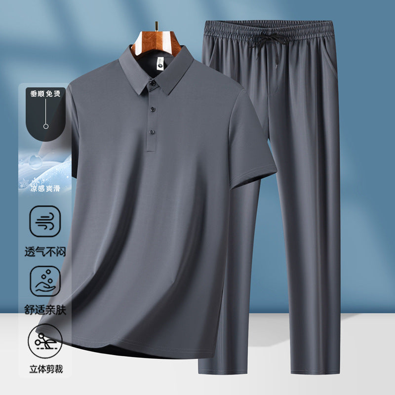 Men's Ice Silk Lace-Up Trousers and No-Iron Polo Suit