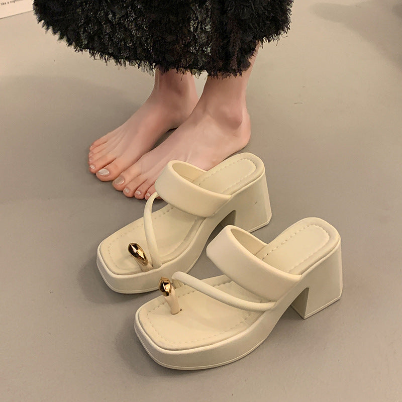 beige white Wide Fit Thick Heel Sandals Women Summer Casual Outdoor Slippers