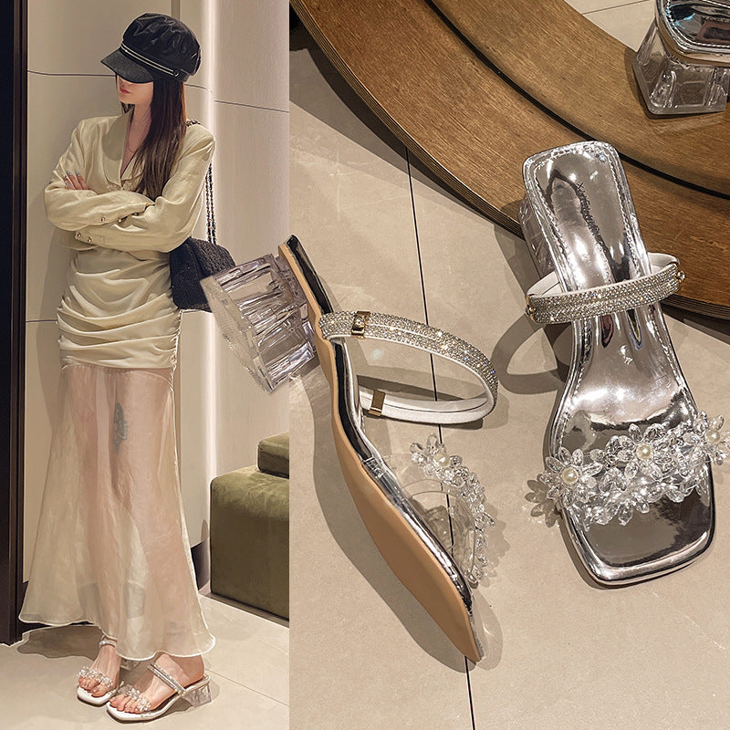 STOCK-Women's Plus Size Transparent Thick Heel Slipper Sandals