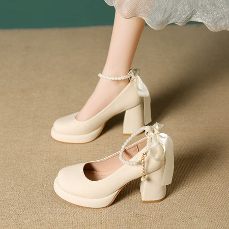 Creamy-white High-End Red Thick-Heel Chinese Xiuhe Wedding Shoes