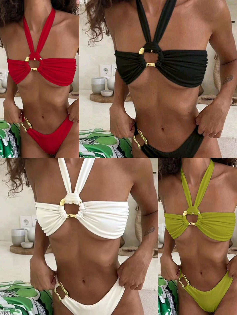 Women's Soft-Pack Solid Color Neck-Tie Bikini Set