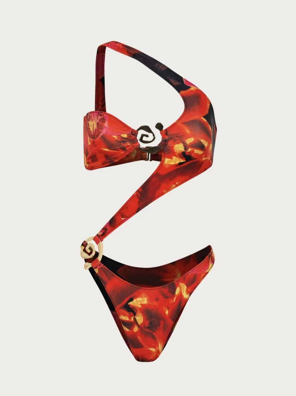 Women's Cut-Out Asymmetrical One-Shoulder Printed Bikini Set