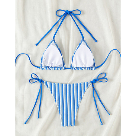Blue Women's Towel Cloth Halter Lace-Up Bikini Set