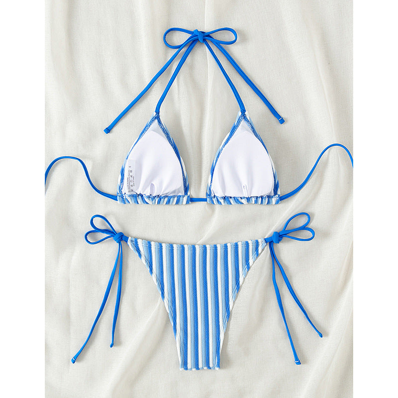Blue Women's Towel Cloth Halter Lace-Up Bikini Set