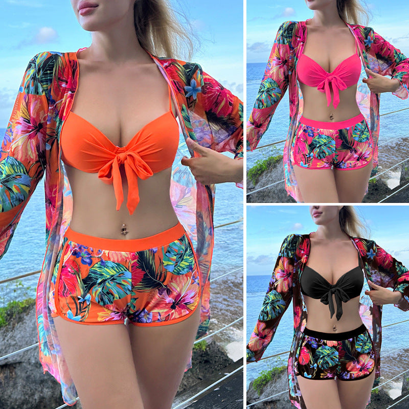 Orange Red Women's Sexy Three-Piece Bikini Swimsuit Beach Set