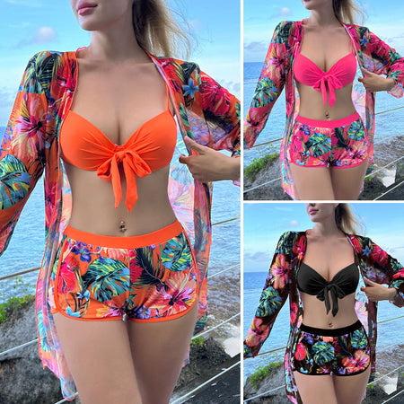 Orange Red Women's Sexy Three-Piece Bikini Swimsuit Beach Set