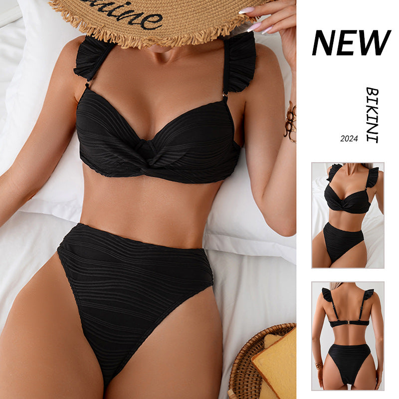Black Women's Solid Color Shimmer Bikini Swimsuit Beach Set