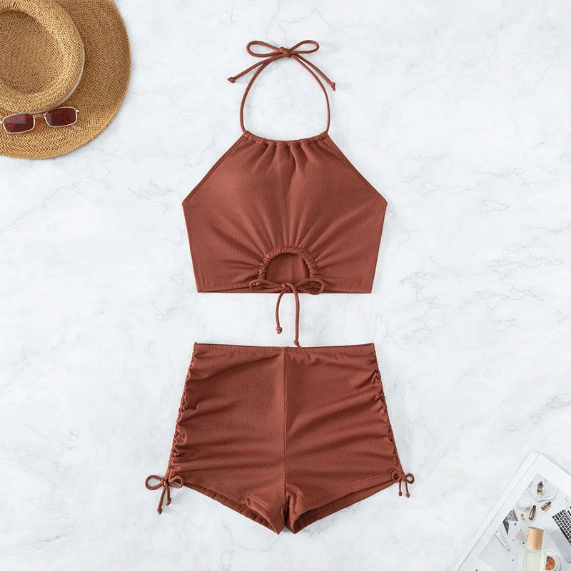 Light brown Women's High-Waist Halter Drawstring Bikini Swimwear Set