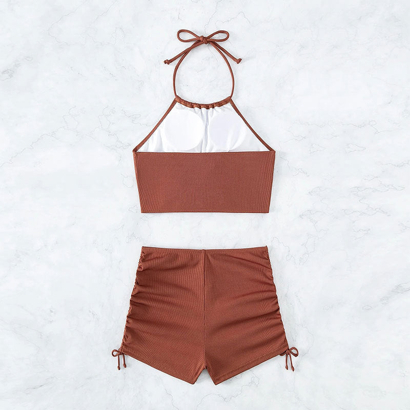 Women's High-Waist Halter Drawstring Bikini Swimwear Set