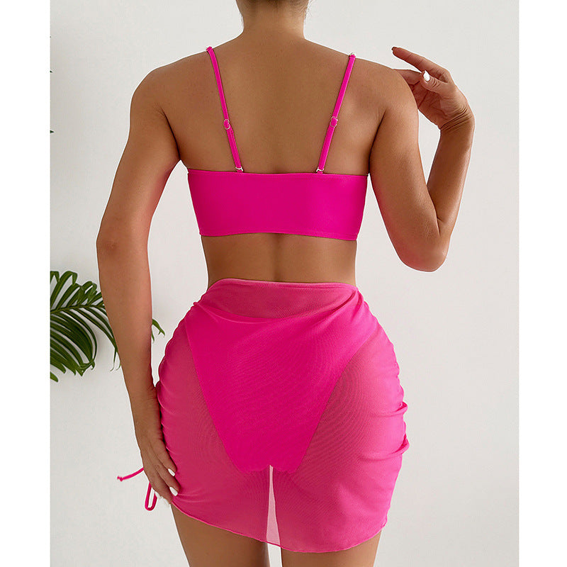 Women's Rose Red Three-Piece Bikini Set Swimwear