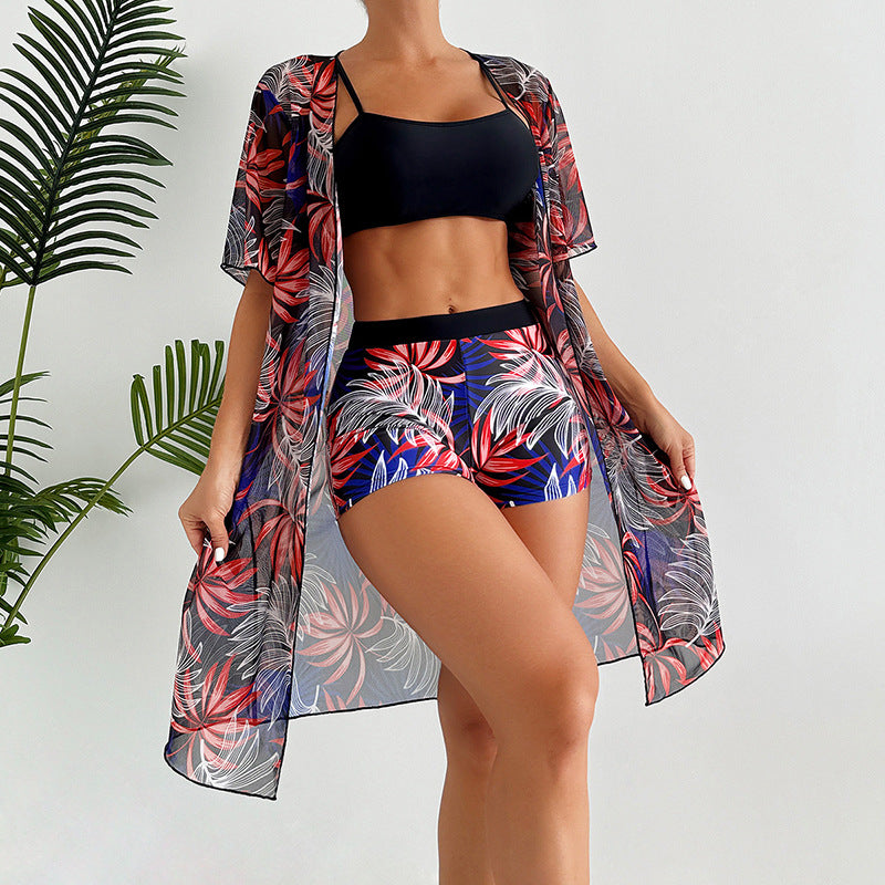 Color Women's Three-Piece Blouse Style Swimwear Set Beach Outfit