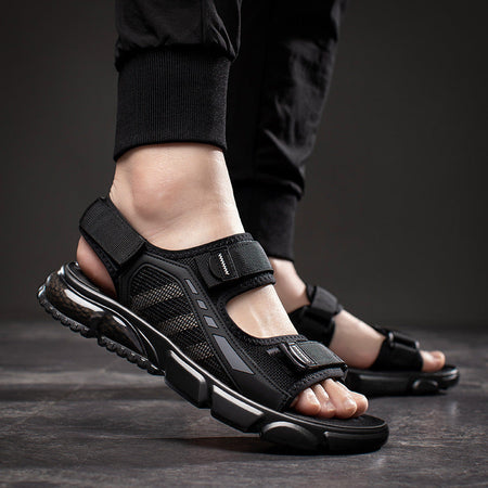 Black Men's Air Cushion Velcro Sandals Soft Sole Beach Shoes