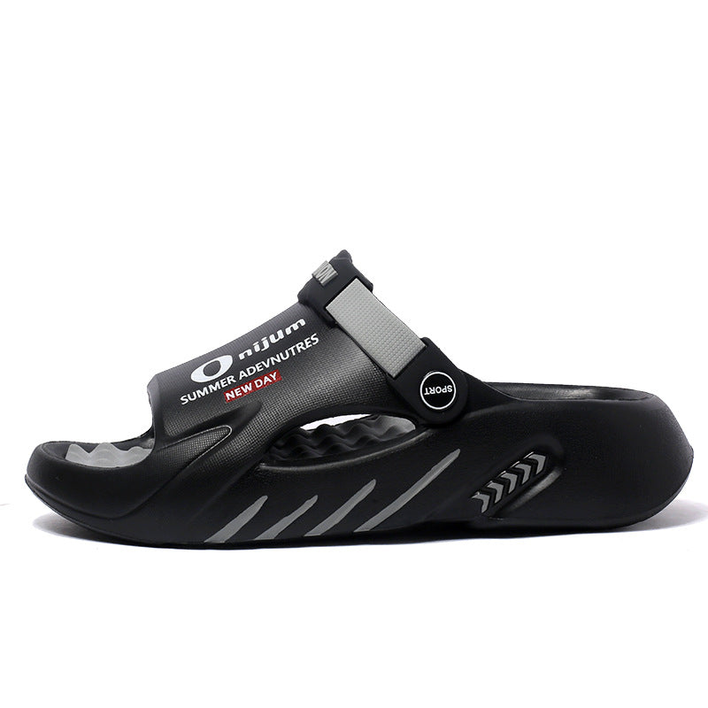 Black Gray Men's Breathable Thick Sole Sandals Non-Slip Beach Slippers