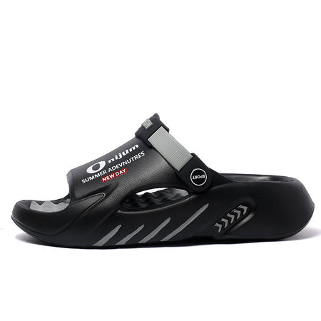 Black Gray Men's Breathable Thick Sole Sandals Non-Slip Beach Slippers