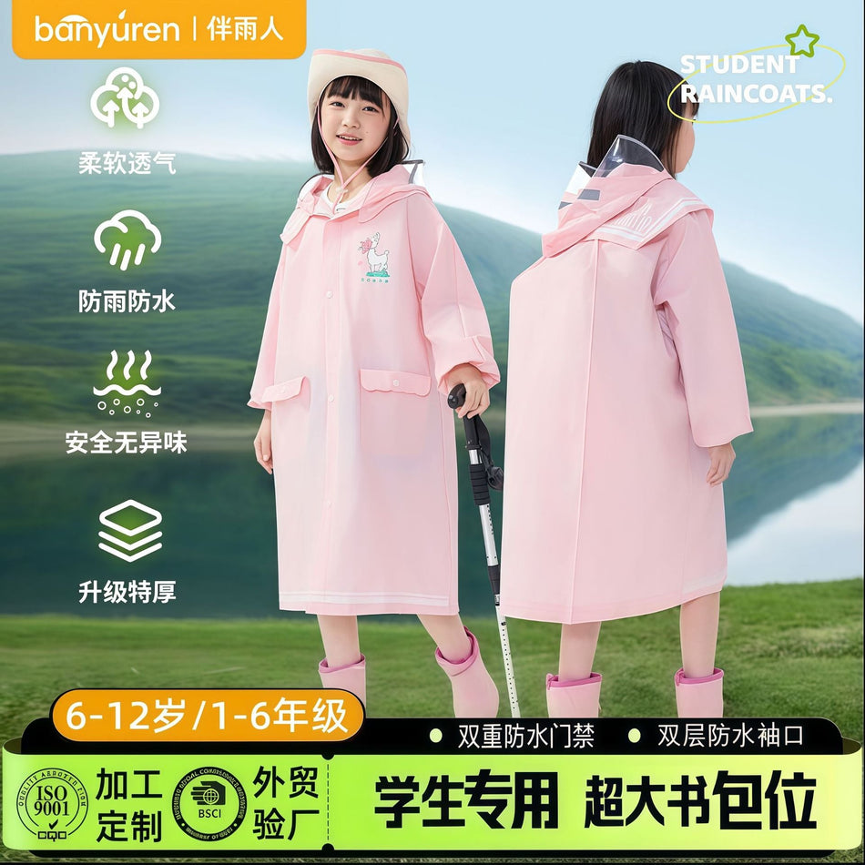 Kids Long EVA Raincoat with Zipper Backpack Compartment