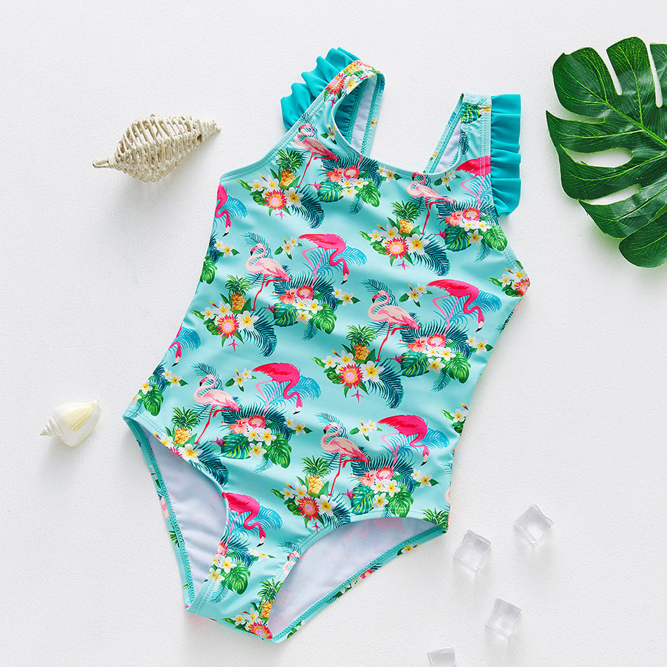 Girls Flamingo Print Ruffled One Piece Kids Swimsuit