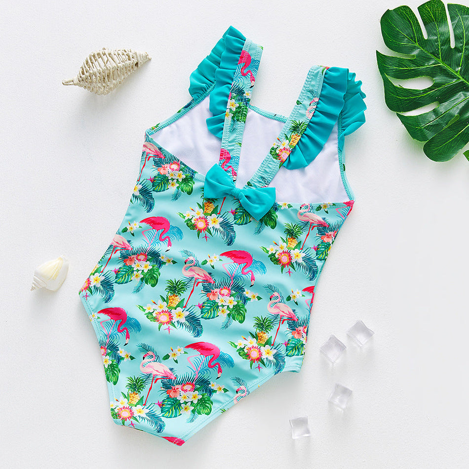 Girls Flamingo Print Ruffled One Piece Kids Swimsuit